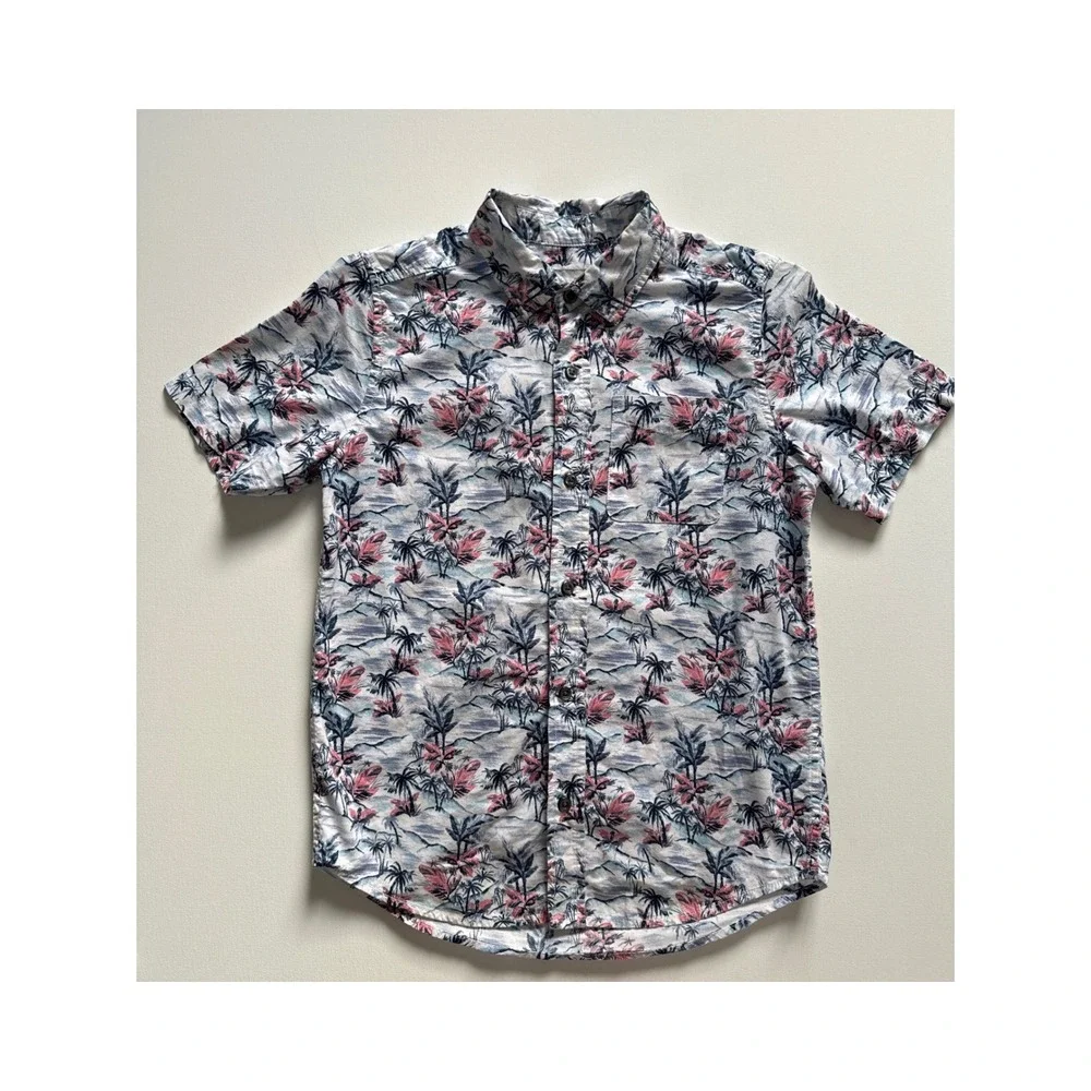The Childrens Place Boys L 10/12 Tropical Palm Tree Short Sleeve Button Down